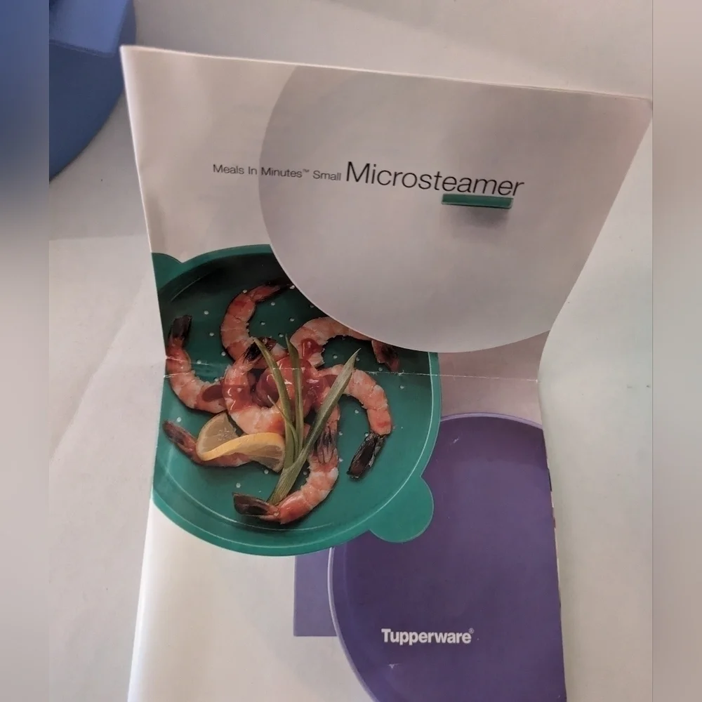 Tupperware Veggie Microsteamer 3 Piece with booklet. Blue and green